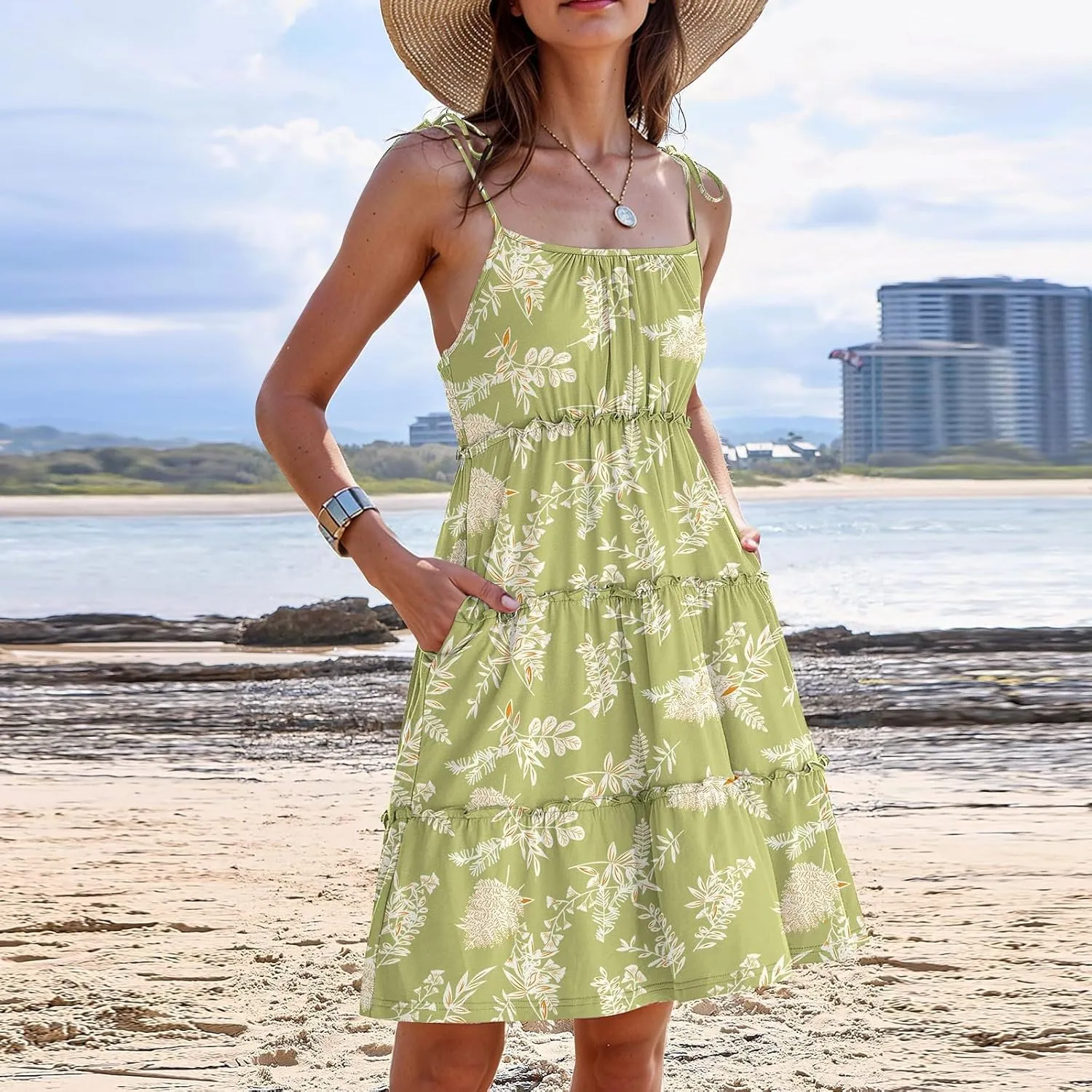 Floral Sun Dresses for Women 2025 Vacation Summer Open Back Skater Dress Flowy Tiered Ruffle Babydoll Mini Sundress