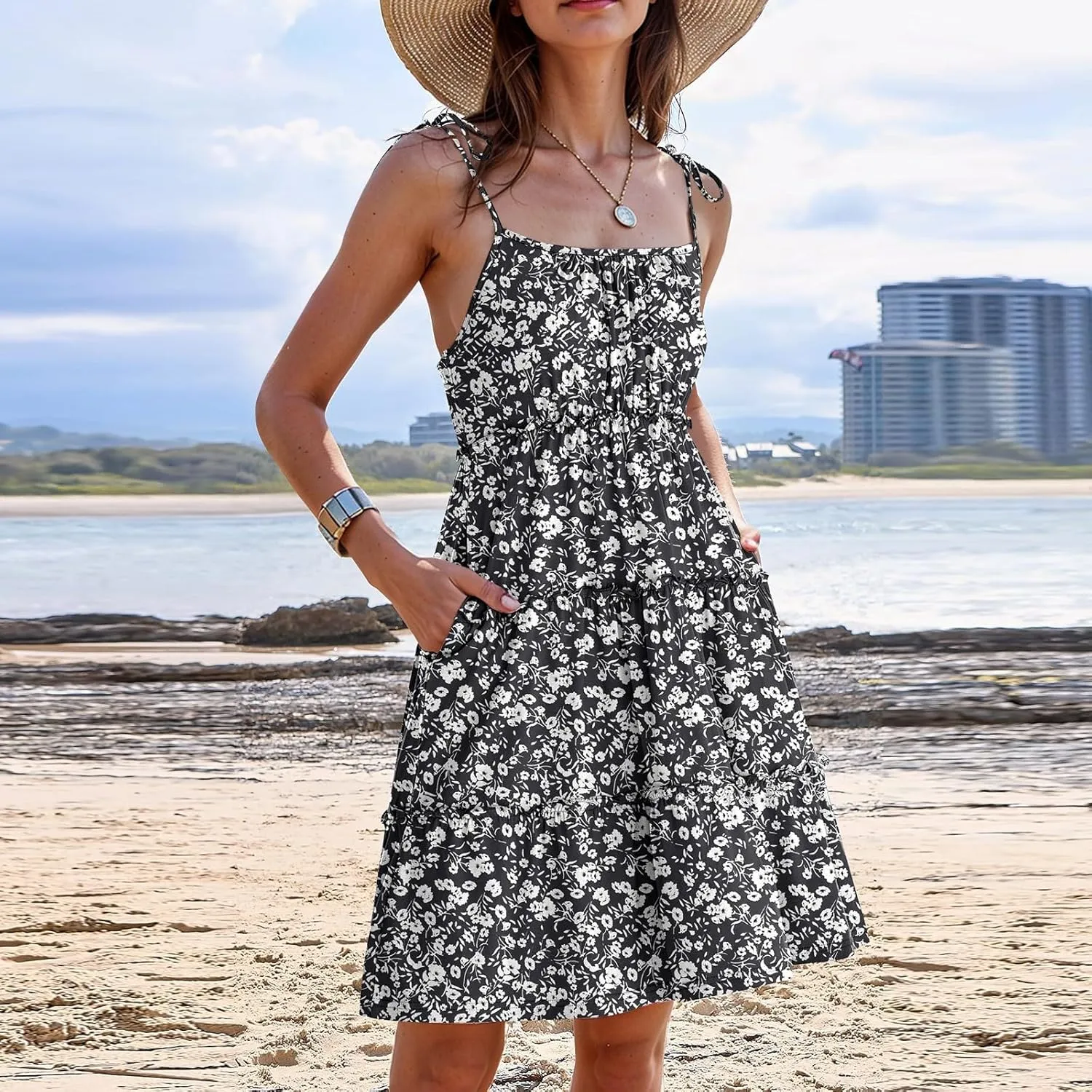 Floral Sun Dresses for Women 2025 Vacation Summer Open Back Skater Dress Flowy Tiered Ruffle Babydoll Mini Sundress