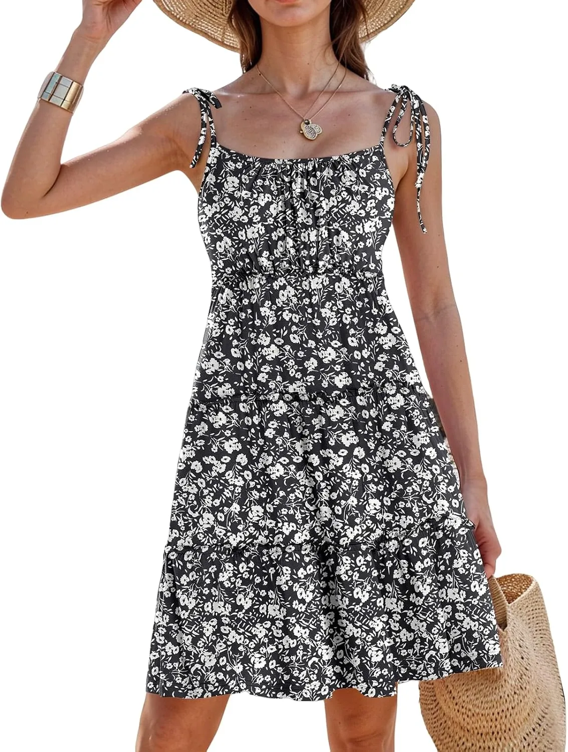 Floral Sun Dresses for Women 2025 Vacation Summer Open Back Skater Dress Flowy Tiered Ruffle Babydoll Mini Sundress