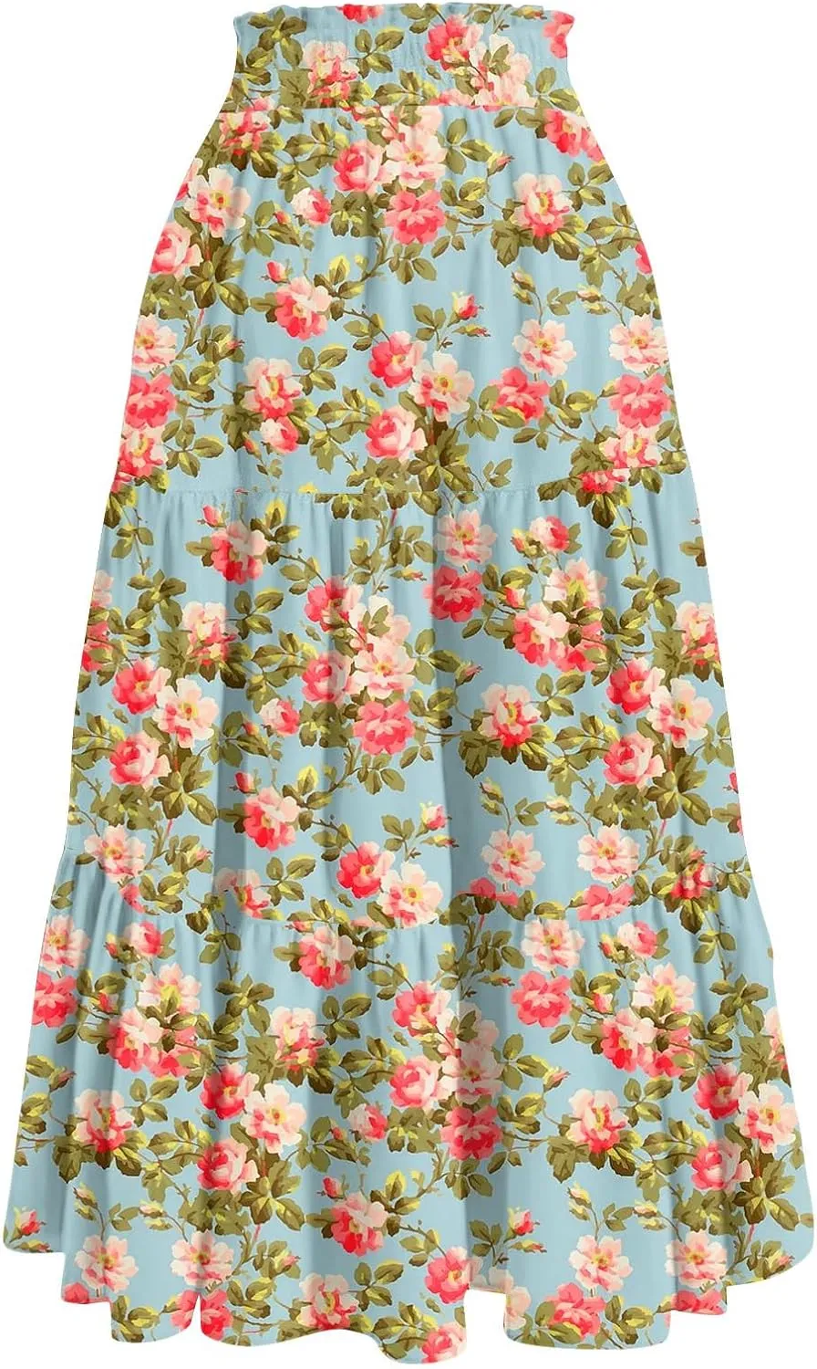 Flower Maxi Skirts for Women Summer Comfy A-Line Flowy Swing Tiered Skirt Trendy Vacation Beach Clothes