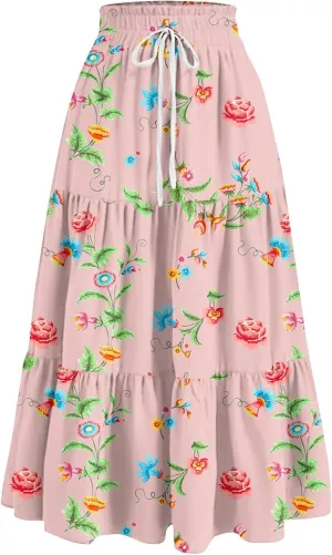 Flower Maxi Skirts for Women Summer Comfy A-Line Flowy Swing Tiered Skirt Trendy Vacation Beach Clothes