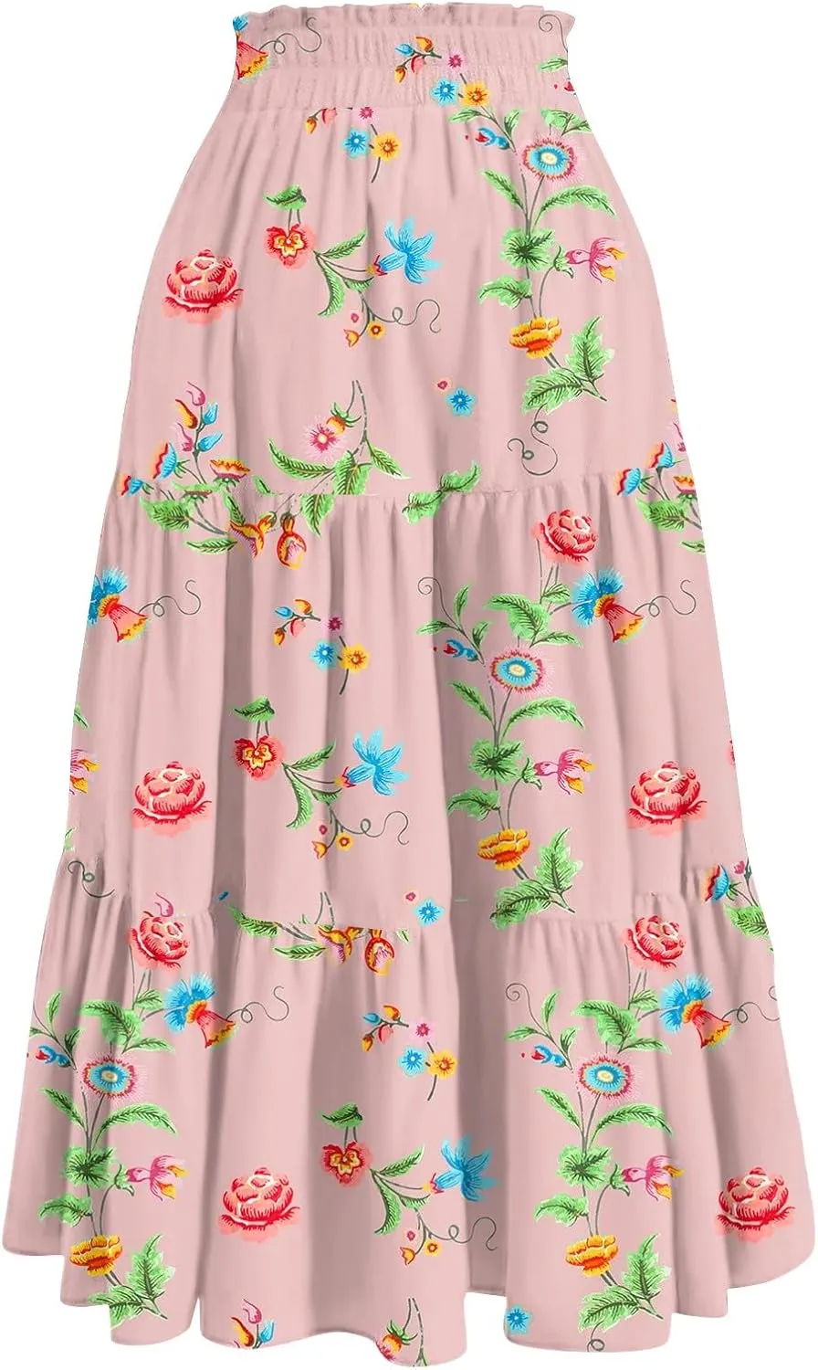 Flower Maxi Skirts for Women Summer Comfy A-Line Flowy Swing Tiered Skirt Trendy Vacation Beach Clothes