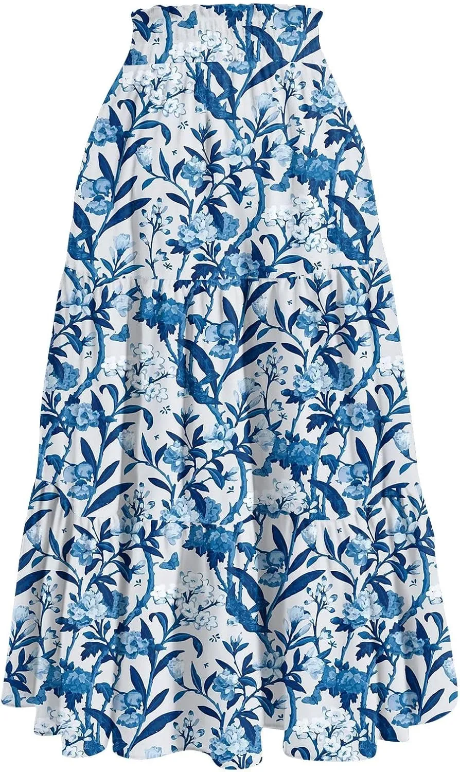Flower Maxi Skirts for Women Summer Comfy A-Line Flowy Swing Tiered Skirt Trendy Vacation Beach Clothes