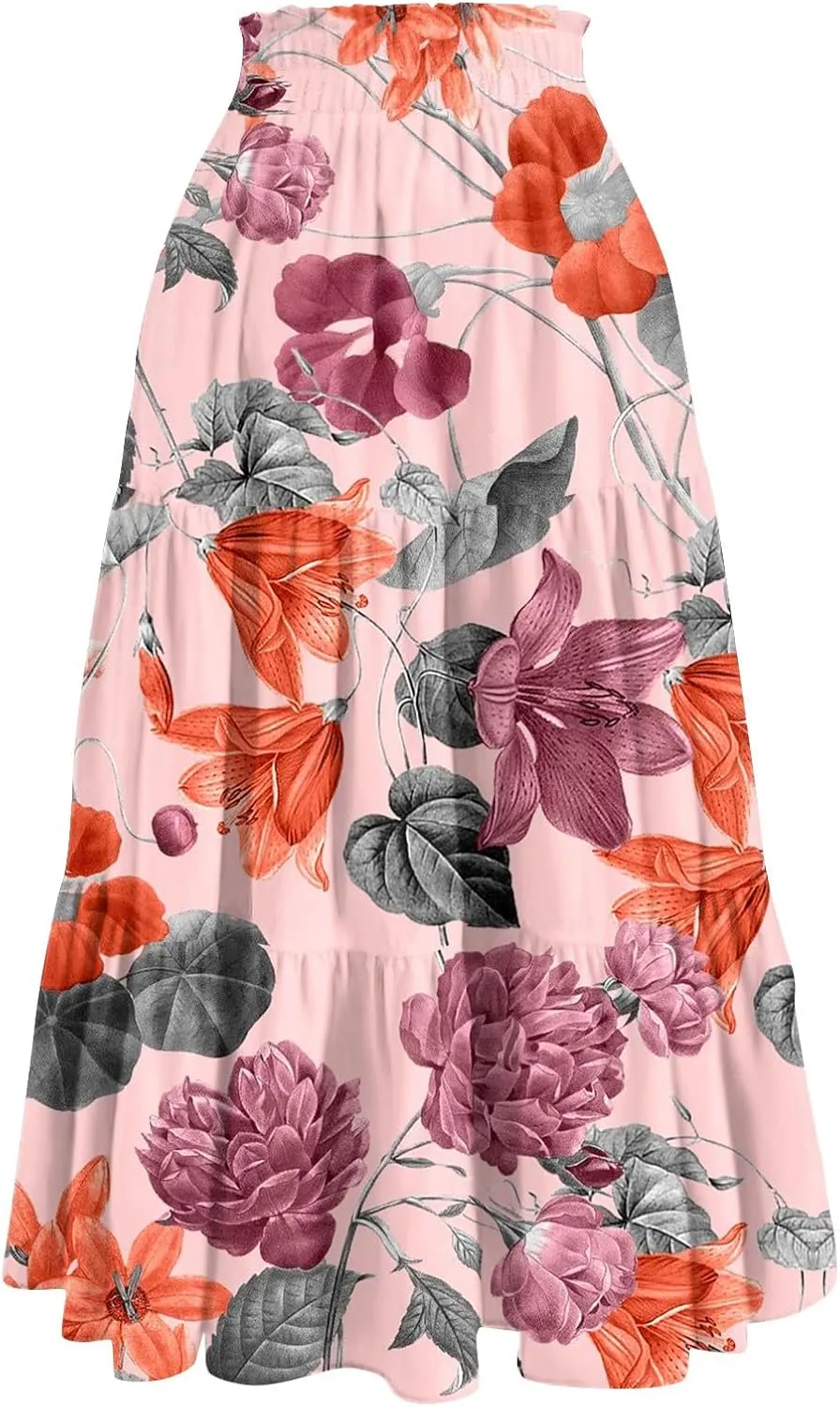 Flower Maxi Skirts for Women Summer Comfy A-Line Flowy Swing Tiered Skirt Trendy Vacation Beach Clothes
