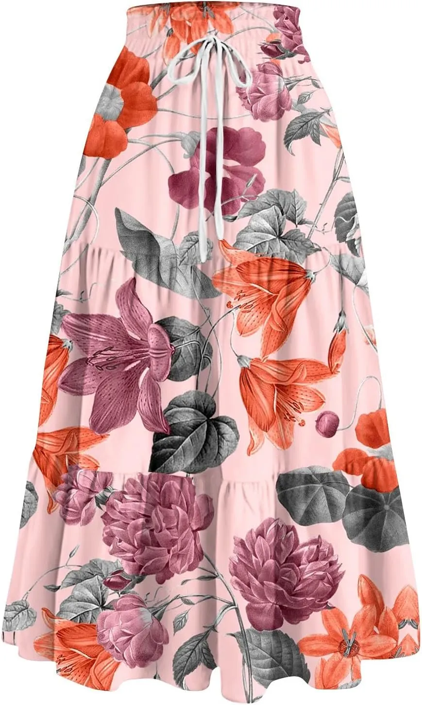 Flower Maxi Skirts for Women Summer Comfy A-Line Flowy Swing Tiered Skirt Trendy Vacation Beach Clothes