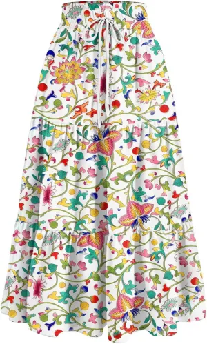Flower Maxi Skirts for Women Summer Comfy A-Line Flowy Swing Tiered Skirt Trendy Vacation Beach Clothes