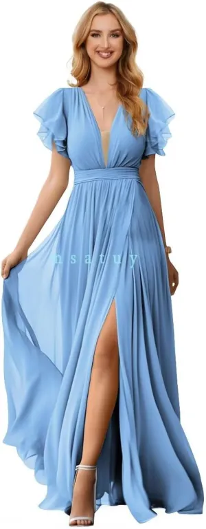 Flowy Chiffon Formal Bridesmaid Dresses V Neck Split Ruffle Sleeve Long Dress Evening Gowns for Wedding 2024