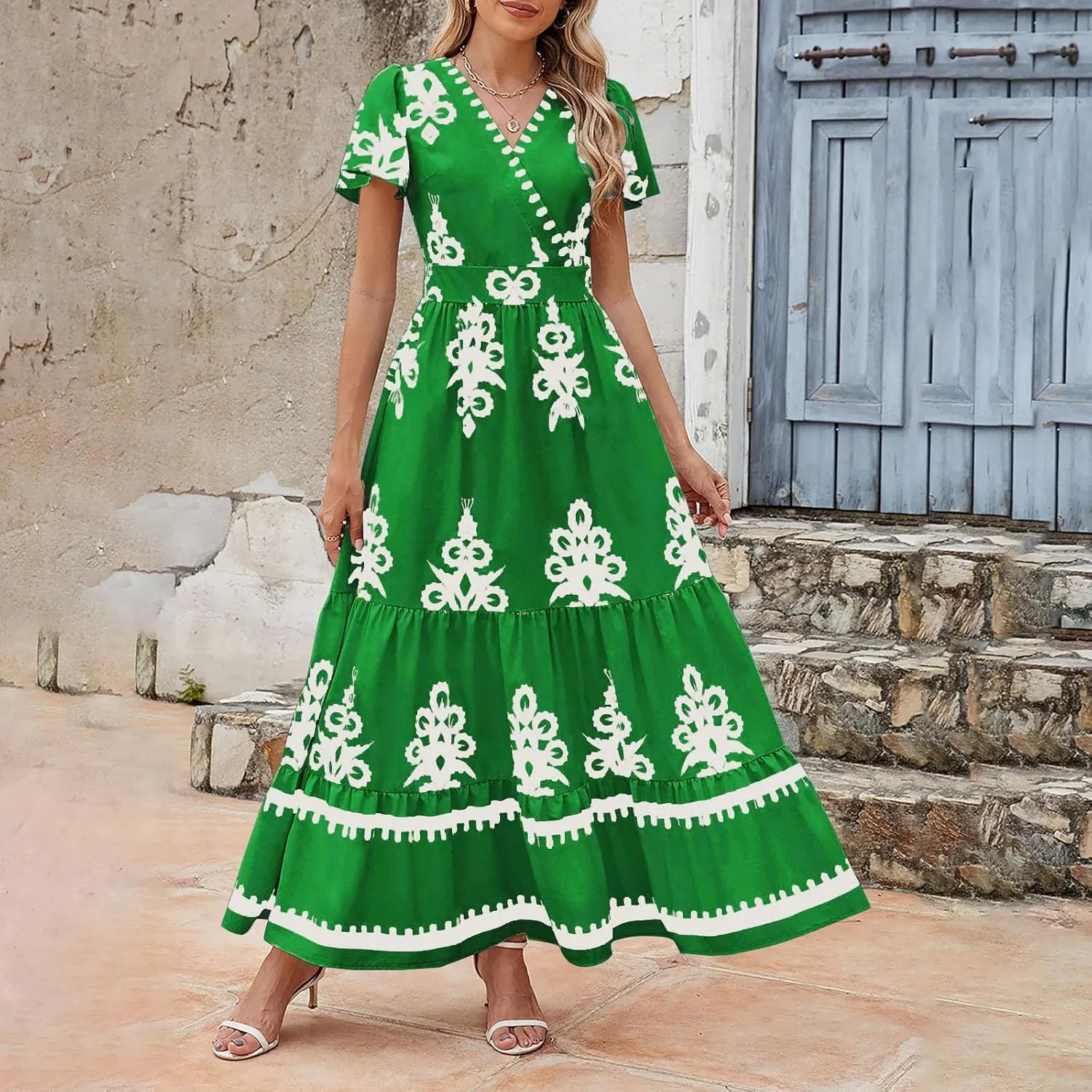 Flowy Dresses for Women V Neck Waist-Length Flowy a-Line Mini Dress Casual Loose Swing Midi Dresses with Pockets