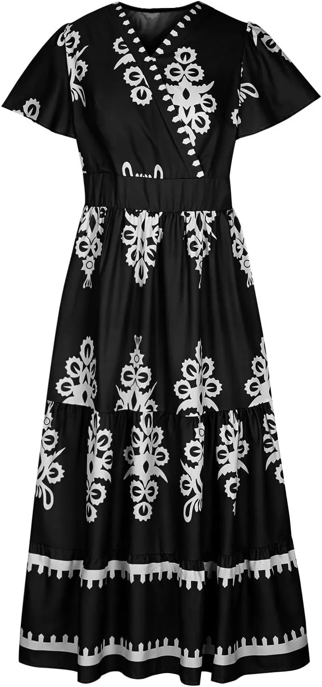 Flowy Dresses for Women V Neck Waist-Length Flowy a-Line Mini Dress Casual Loose Swing Midi Dresses with Pockets