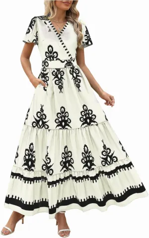 Flowy Dresses for Women V Neck Waist-Length Flowy a-Line Mini Dress Casual Loose Swing Midi Dresses with Pockets