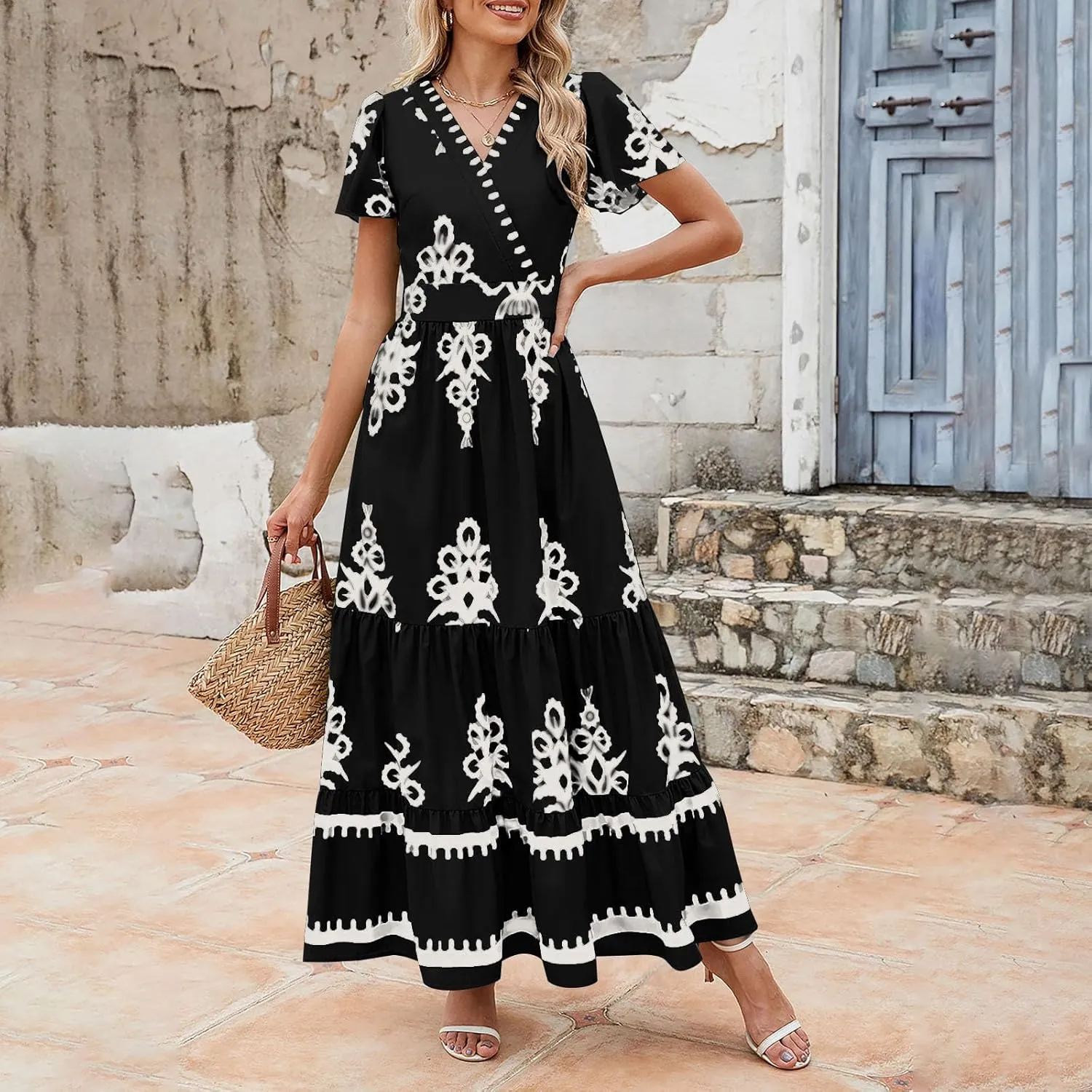Flowy Dresses for Women V Neck Waist-Length Flowy a-Line Mini Dress Casual Loose Swing Midi Dresses with Pockets