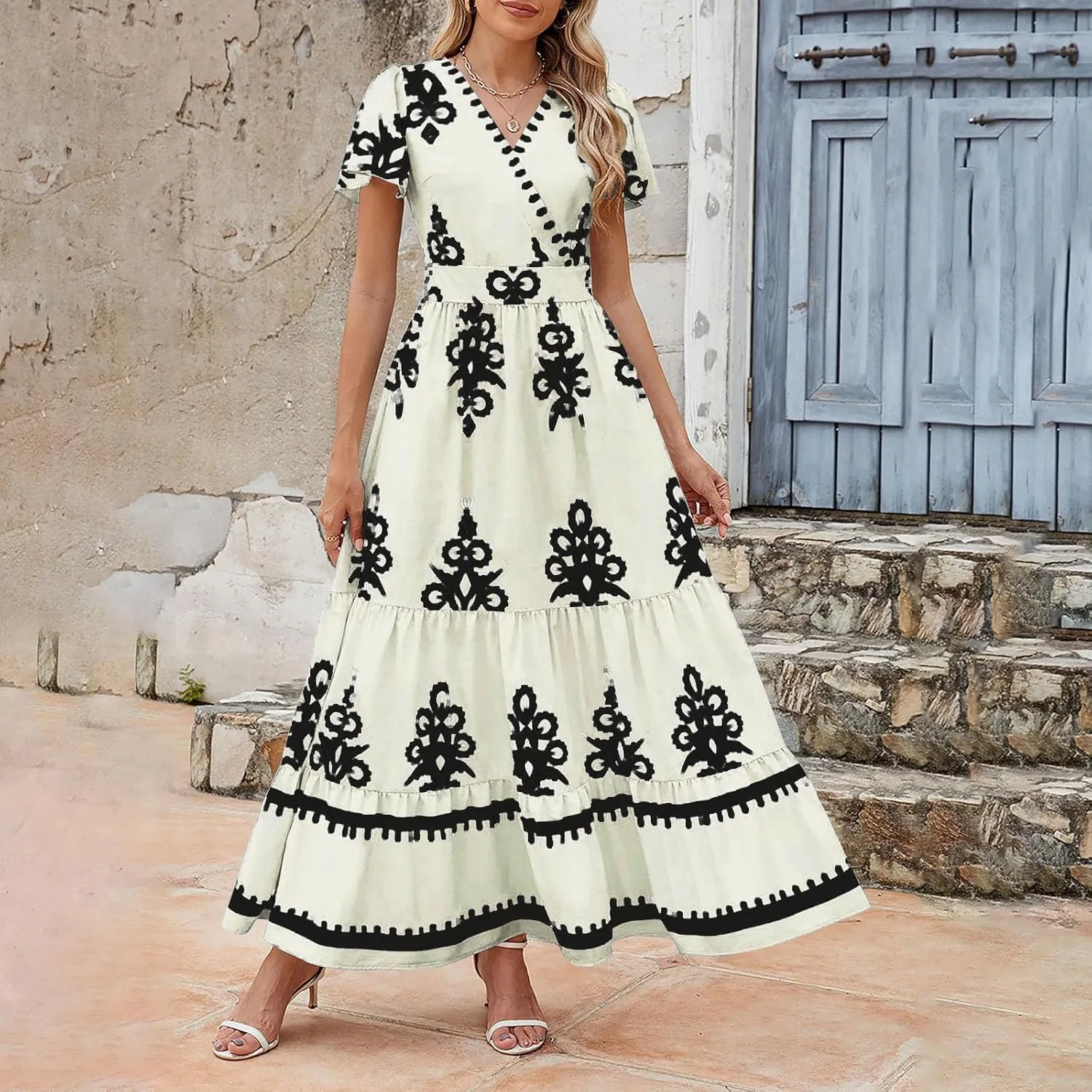 Flowy Dresses for Women V Neck Waist-Length Flowy a-Line Mini Dress Casual Loose Swing Midi Dresses with Pockets