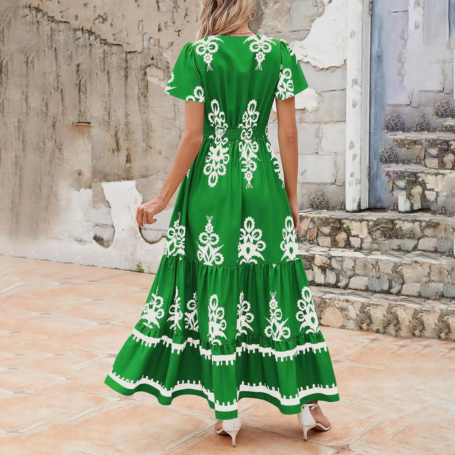 Flowy Dresses for Women V Neck Waist-Length Flowy a-Line Mini Dress Casual Loose Swing Midi Dresses with Pockets