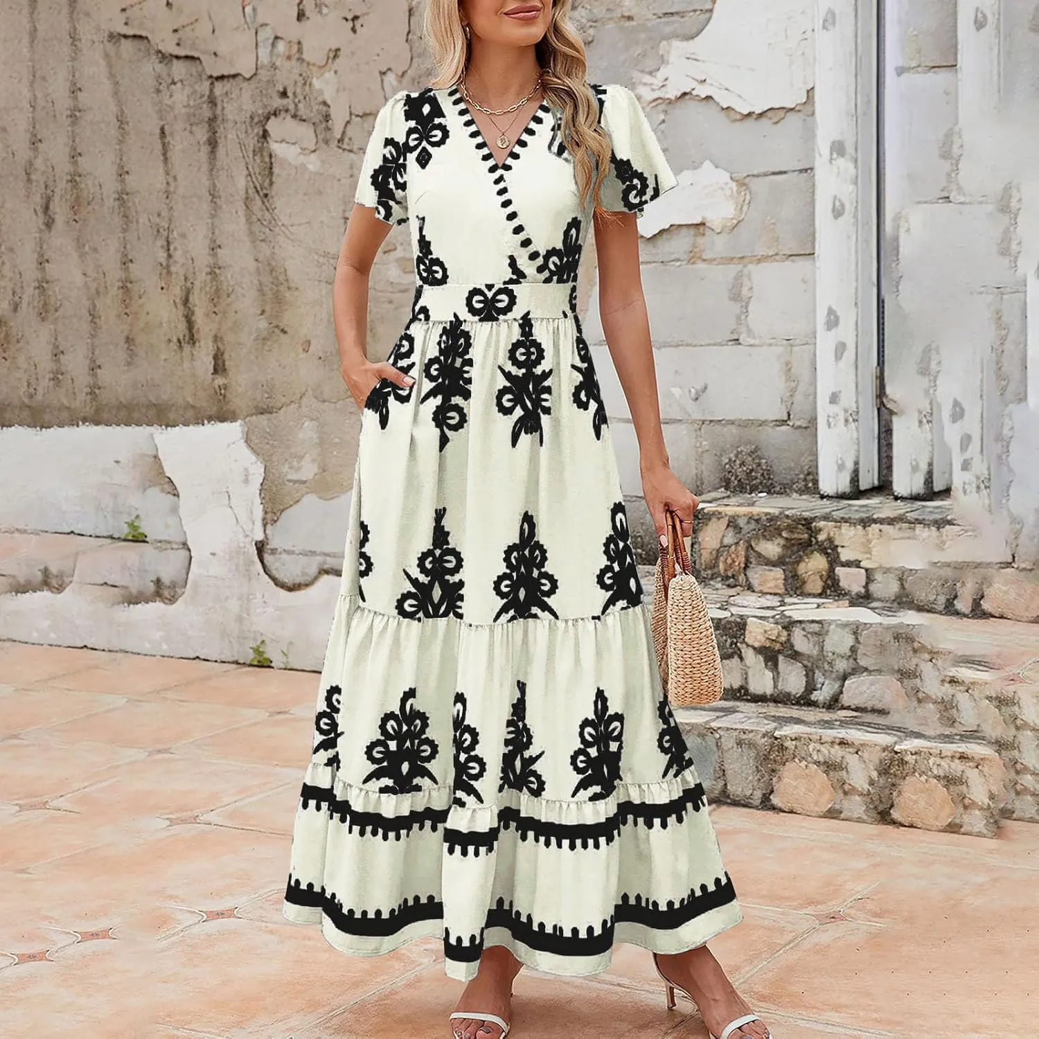 Flowy Dresses for Women V Neck Waist-Length Flowy a-Line Mini Dress Casual Loose Swing Midi Dresses with Pockets