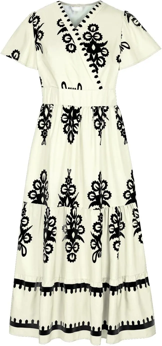 Flowy Dresses for Women V Neck Waist-Length Flowy a-Line Mini Dress Casual Loose Swing Midi Dresses with Pockets