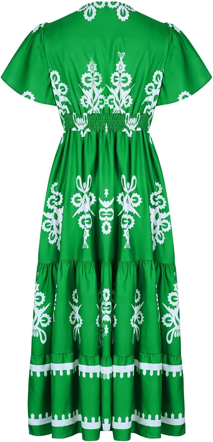 Flowy Dresses for Women V Neck Waist-Length Flowy a-Line Mini Dress Casual Loose Swing Midi Dresses with Pockets
