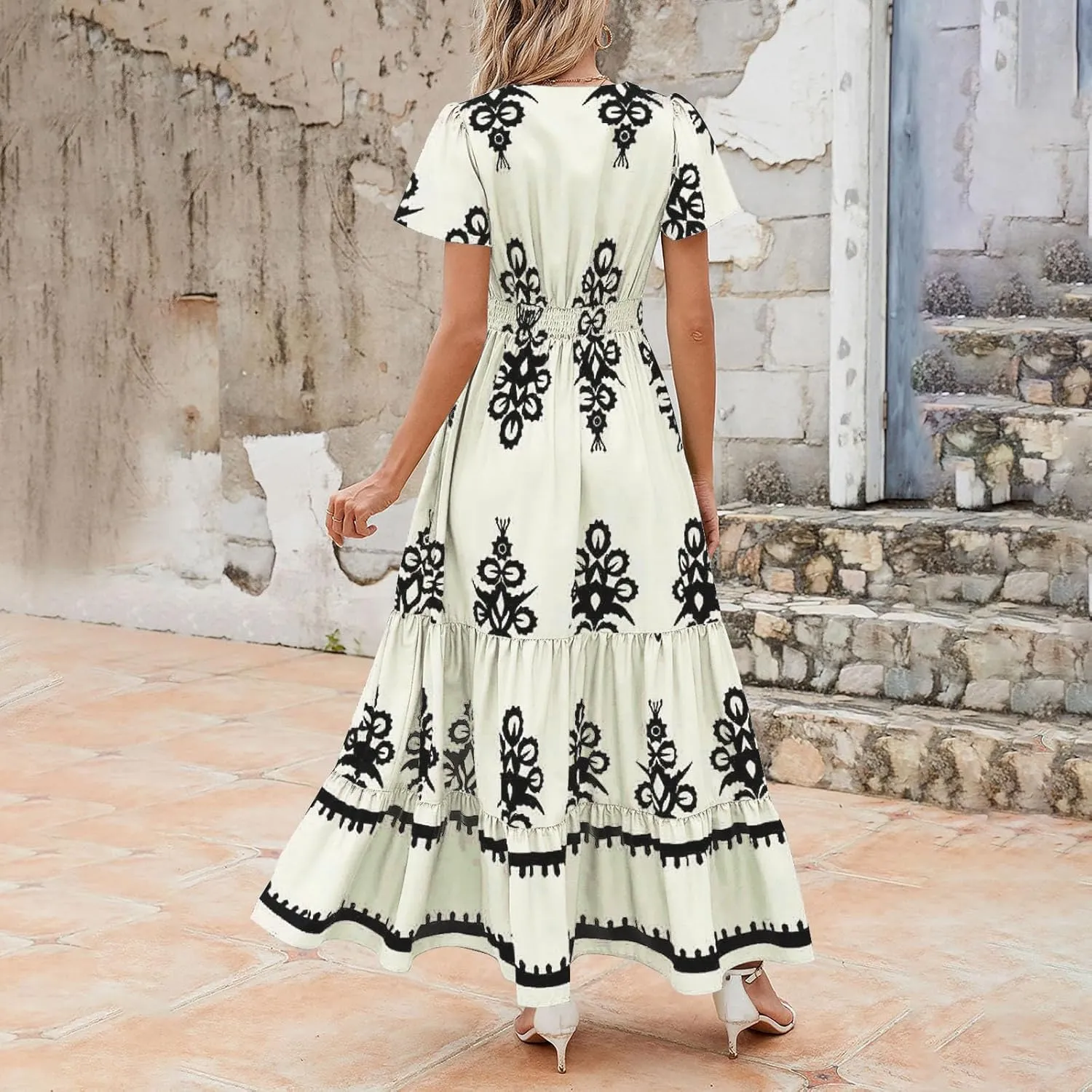 Flowy Dresses for Women V Neck Waist-Length Flowy a-Line Mini Dress Casual Loose Swing Midi Dresses with Pockets