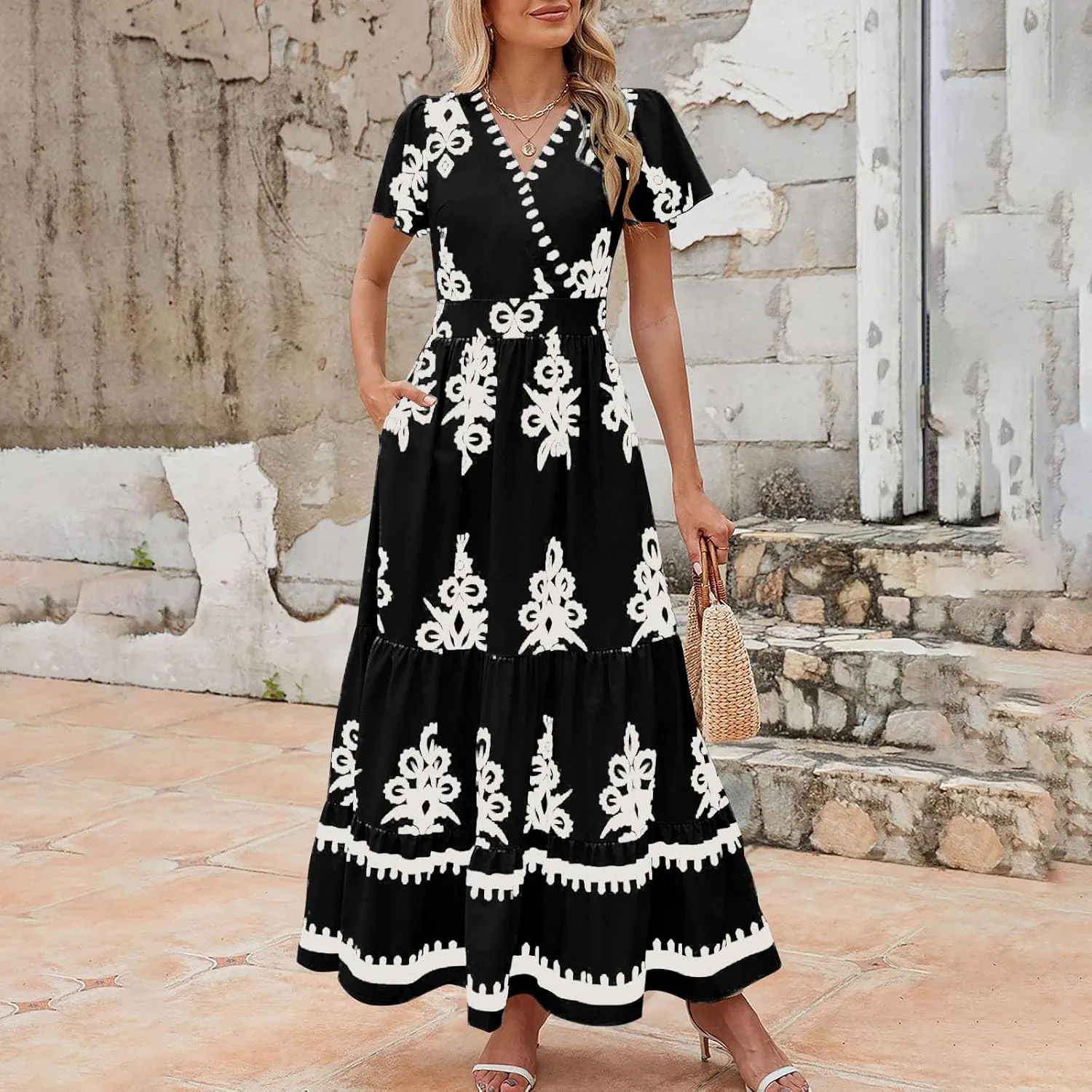 Flowy Dresses for Women V Neck Waist-Length Flowy a-Line Mini Dress Casual Loose Swing Midi Dresses with Pockets