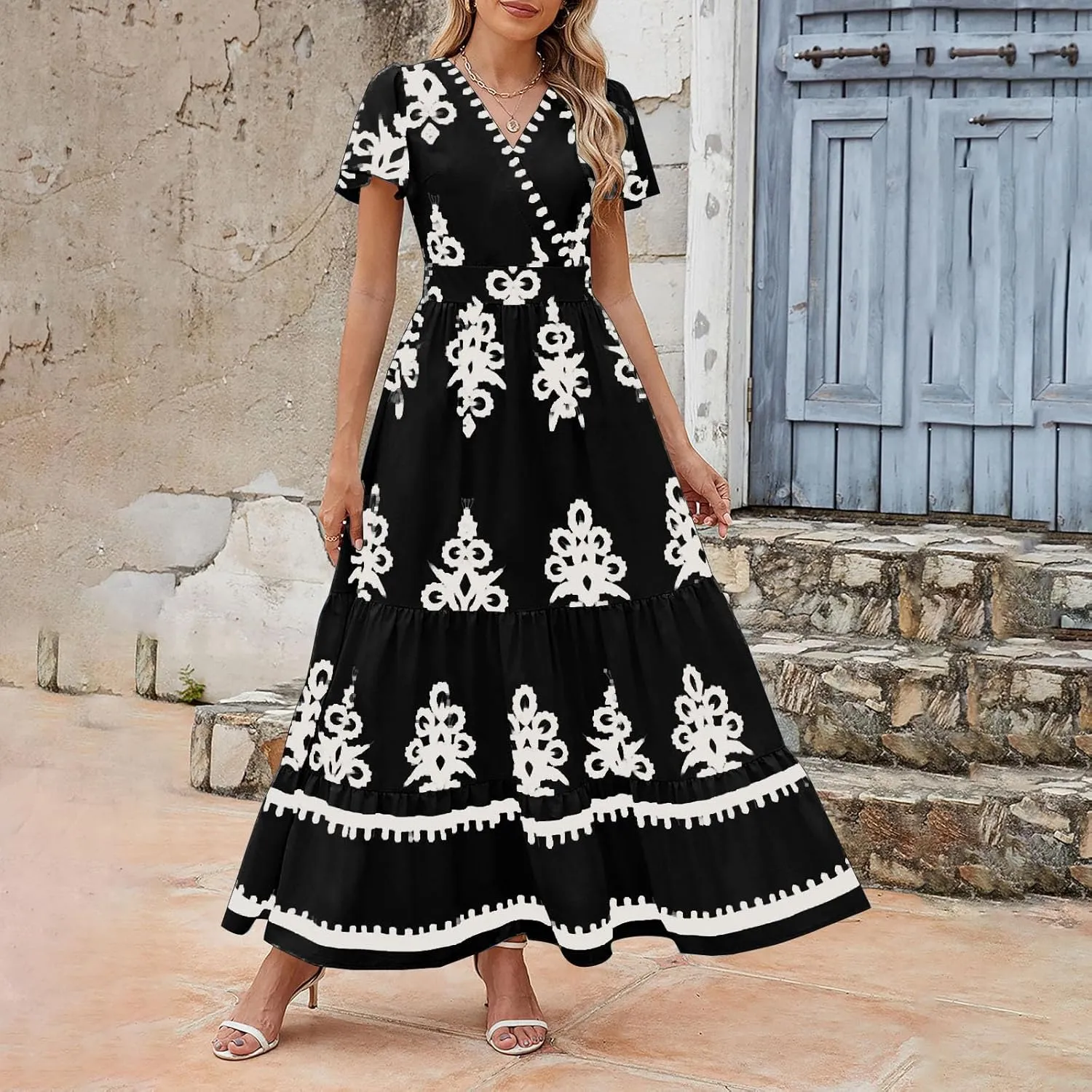 Flowy Dresses for Women V Neck Waist-Length Flowy a-Line Mini Dress Casual Loose Swing Midi Dresses with Pockets