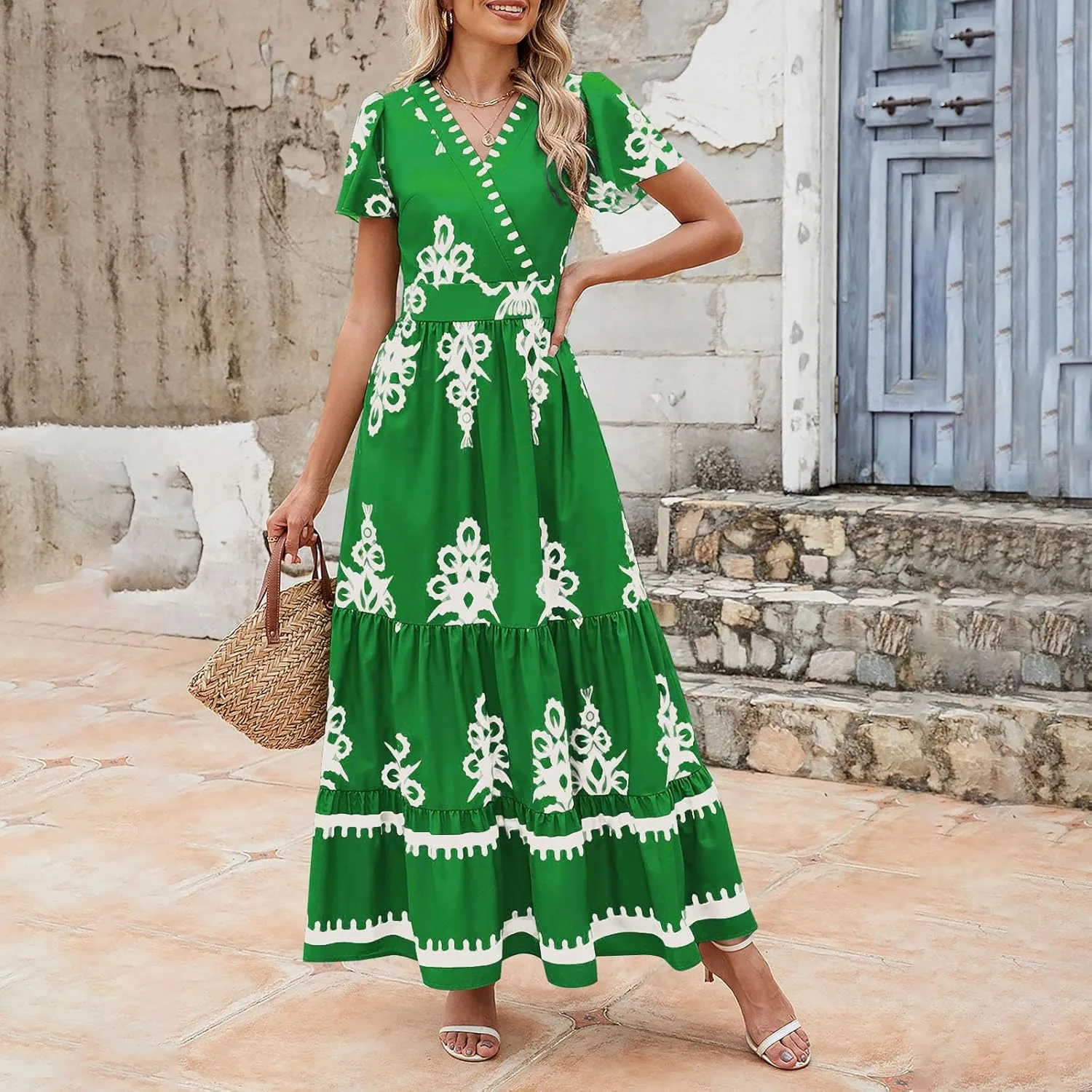 Flowy Dresses for Women V Neck Waist-Length Flowy a-Line Mini Dress Casual Loose Swing Midi Dresses with Pockets