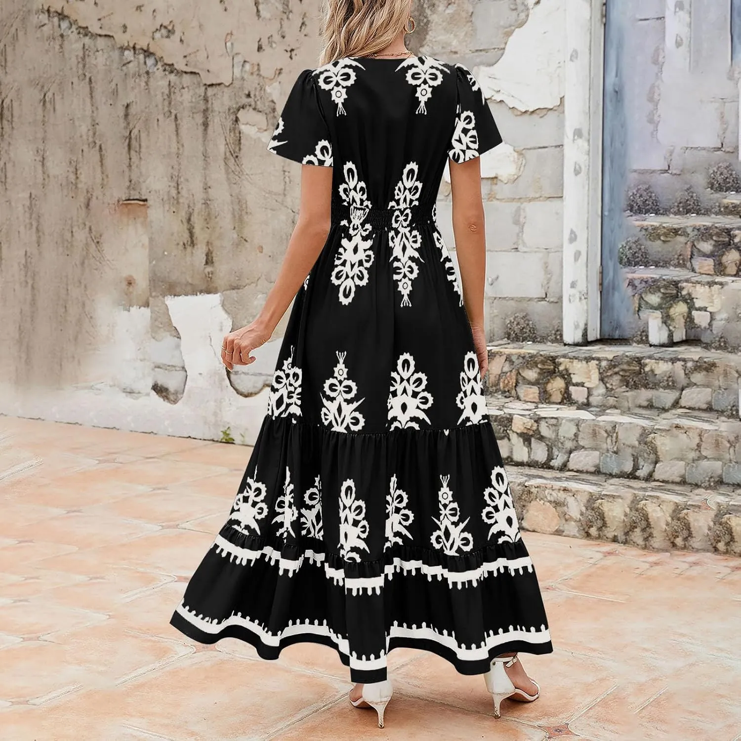 Flowy Dresses for Women V Neck Waist-Length Flowy a-Line Mini Dress Casual Loose Swing Midi Dresses with Pockets