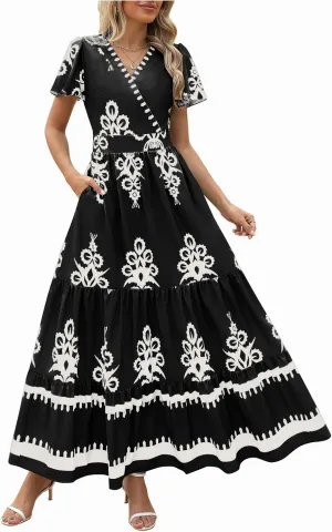 Flowy Dresses for Women V Neck Waist-Length Flowy a-Line Mini Dress Casual Loose Swing Midi Dresses with Pockets