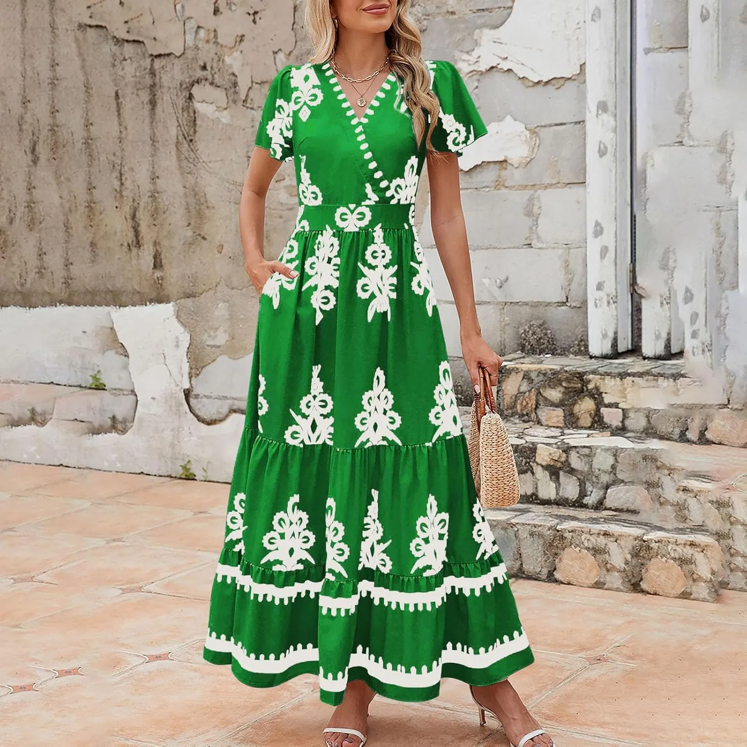 Flowy Dresses for Women V Neck Waist-Length Flowy a-Line Mini Dress Casual Loose Swing Midi Dresses with Pockets