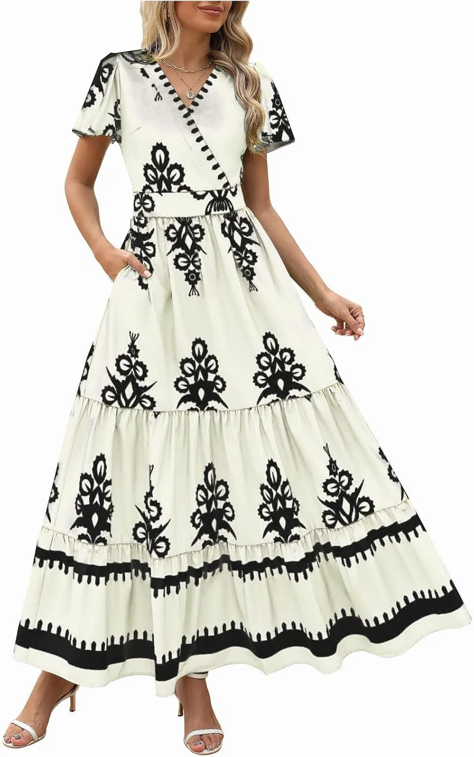 Flowy Dresses for Women V Neck Waist-Length Flowy a-Line Mini Dress Casual Loose Swing Midi Dresses with Pockets