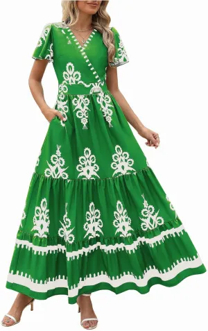 Flowy Dresses for Women V Neck Waist-Length Flowy a-Line Mini Dress Casual Loose Swing Midi Dresses with Pockets