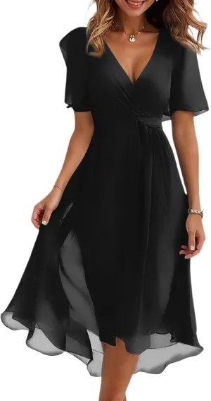 Formal Dresses for Women,Wrap Flowy Wedding Womens Midi Dress Chiffon Summer Sexy Dresses for Women Prom Cocktail