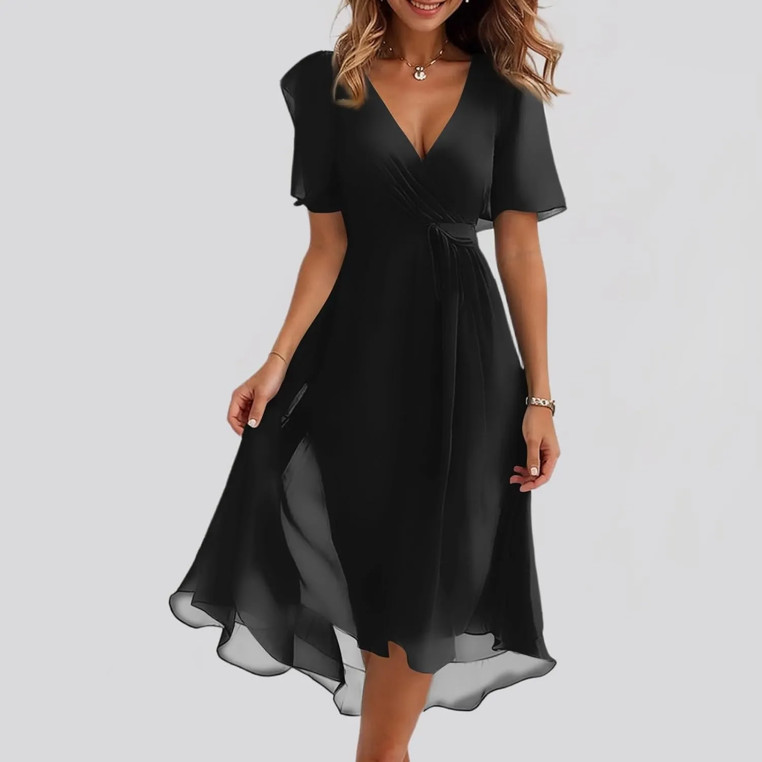 Formal Dresses for Women,Wrap Flowy Wedding Womens Midi Dress Chiffon Summer Sexy Dresses for Women Prom Cocktail
