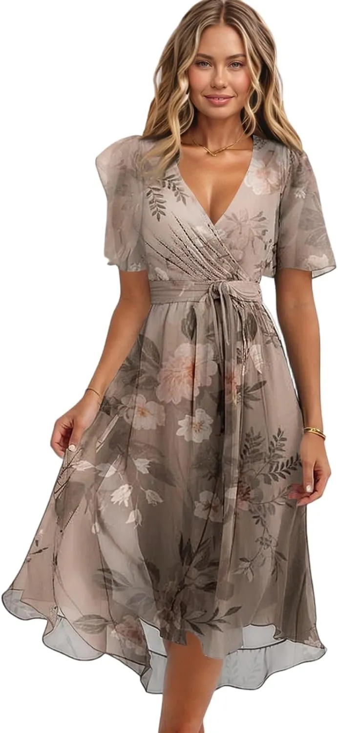 Formal Dresses for Women,Wrap Flowy Wedding Womens Midi Dress Chiffon Summer Sexy Dresses for Women Prom Cocktail