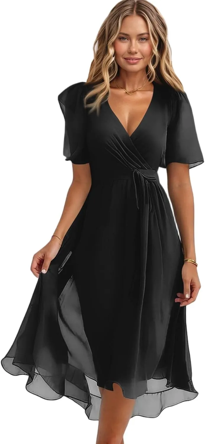 Formal Dresses for Women,Wrap Flowy Wedding Womens Midi Dress Chiffon Summer Sexy Dresses for Women Prom Cocktail