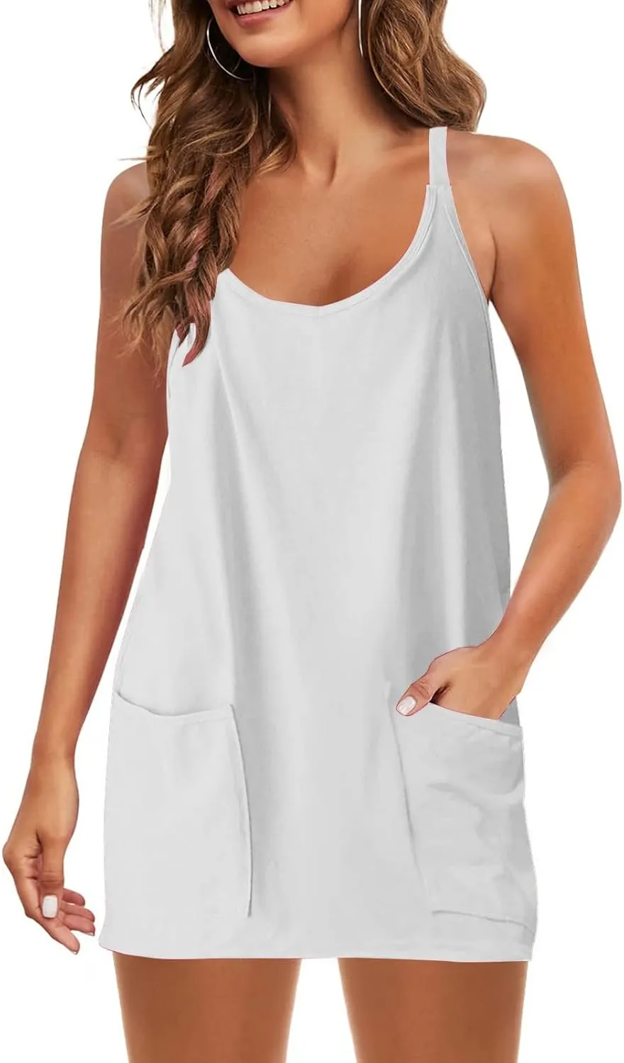 FZVYD Womens Summer Dresses Sleeveless Mini Dress U Neck Spaghetti Strap Sundress Athletic Basic Short Dress with Pockets