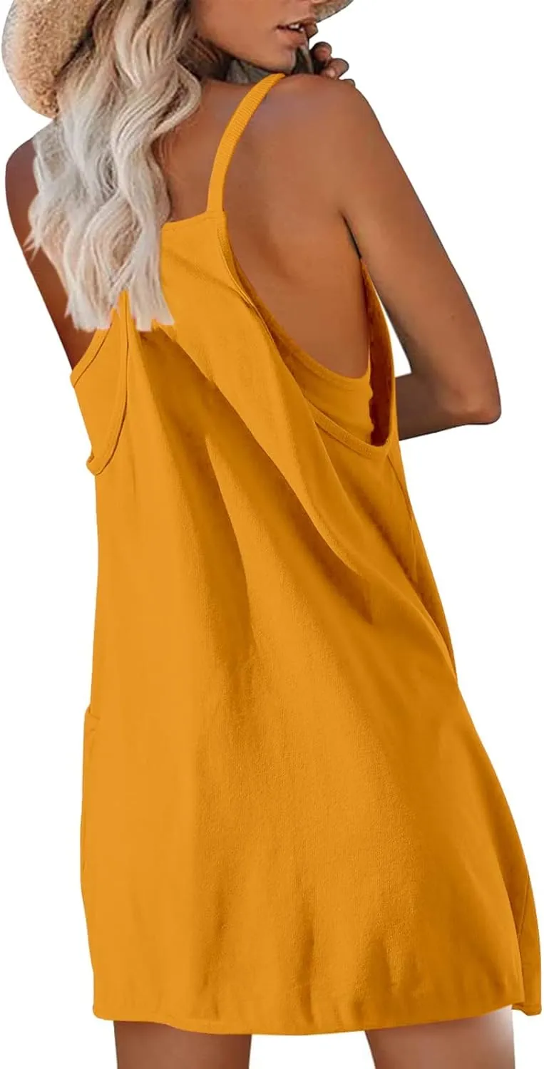 FZVYD Womens Summer Dresses Sleeveless Mini Dress U Neck Spaghetti Strap Sundress Athletic Basic Short Dress with Pockets
