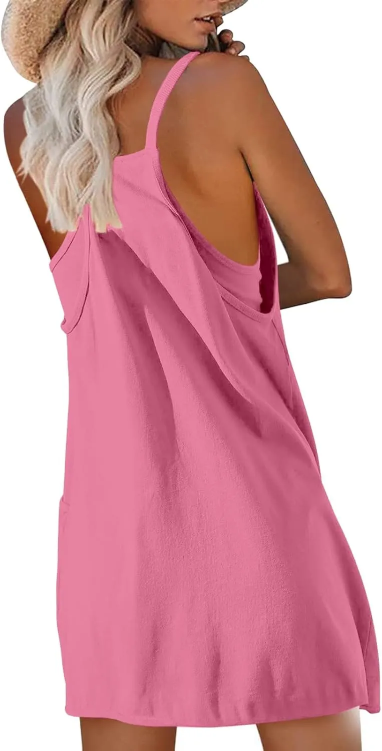 FZVYD Womens Summer Dresses Sleeveless Mini Dress U Neck Spaghetti Strap Sundress Athletic Basic Short Dress with Pockets