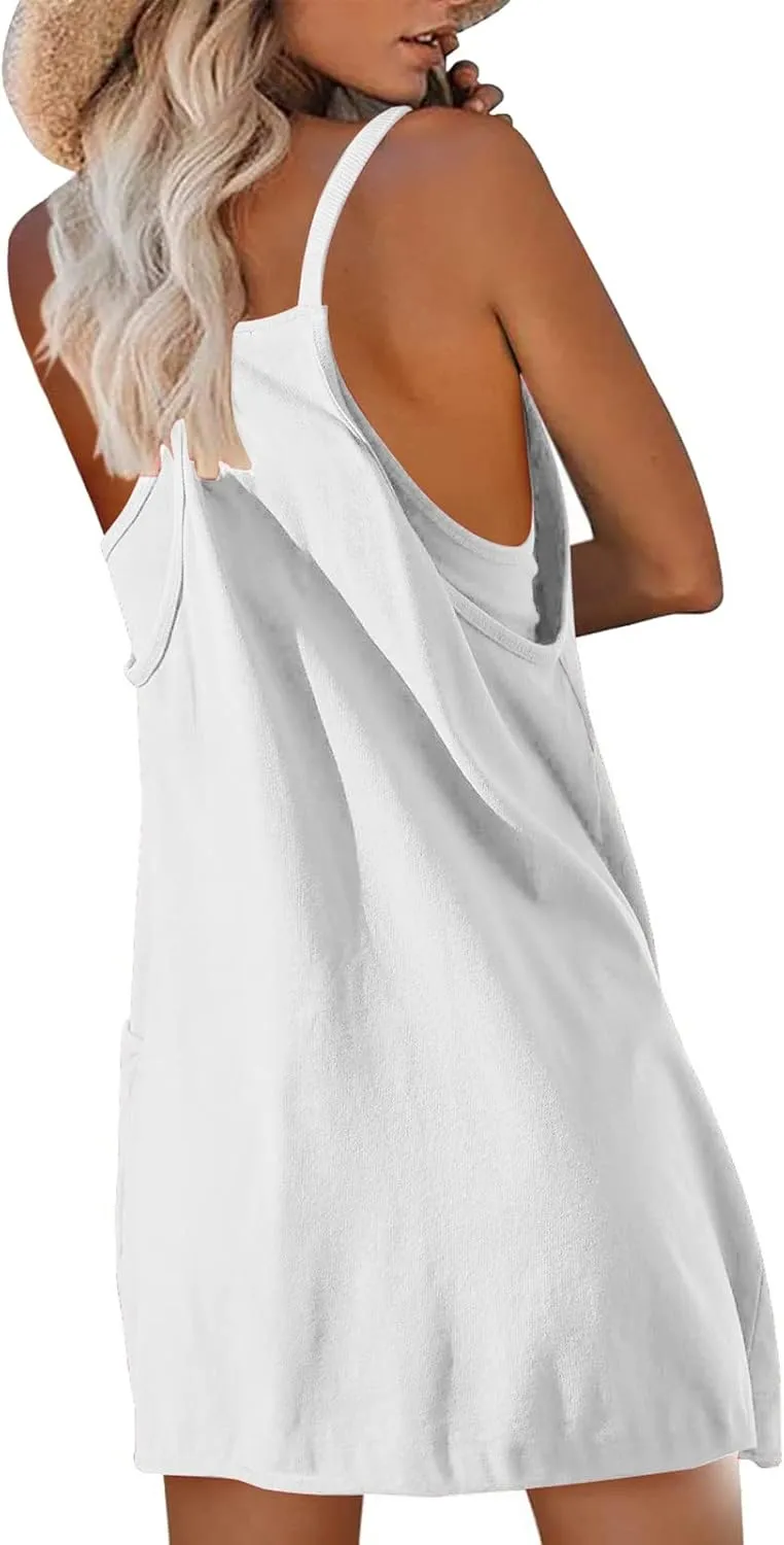FZVYD Womens Summer Dresses Sleeveless Mini Dress U Neck Spaghetti Strap Sundress Athletic Basic Short Dress with Pockets