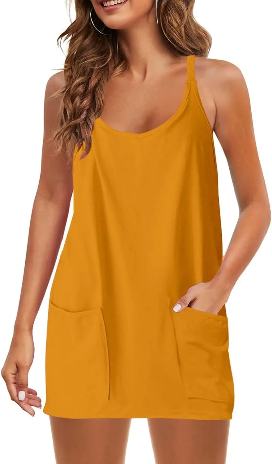 FZVYD Womens Summer Dresses Sleeveless Mini Dress U Neck Spaghetti Strap Sundress Athletic Basic Short Dress with Pockets