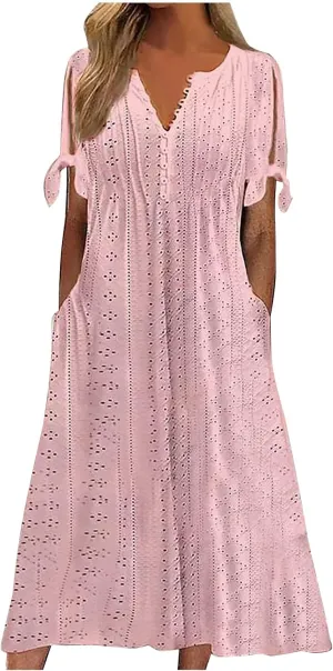 FZYLQY Summer Dresses for Womens 2024 Fashion Hollow Out Sundress Short Sleeve V Neck Dress Button Ruffle Flowy A-Line Dress