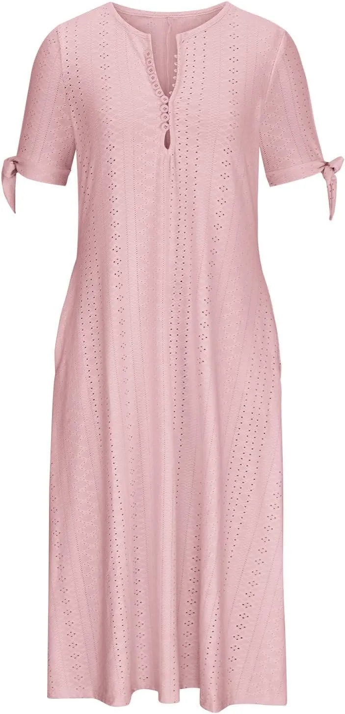 FZYLQY Summer Dresses for Womens 2024 Fashion Hollow Out Sundress Short Sleeve V Neck Dress Button Ruffle Flowy A-Line Dress
