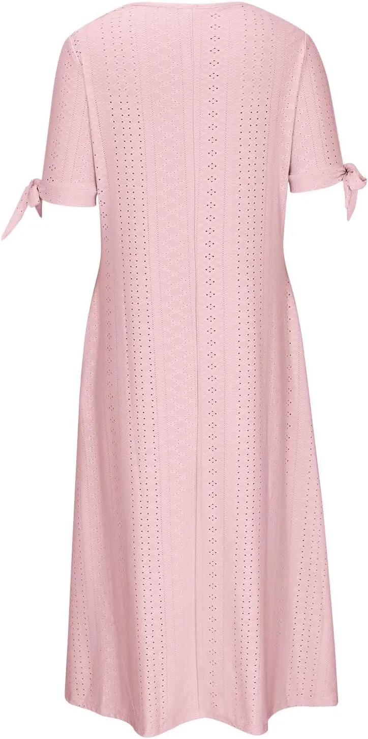 FZYLQY Summer Dresses for Womens 2024 Fashion Hollow Out Sundress Short Sleeve V Neck Dress Button Ruffle Flowy A-Line Dress