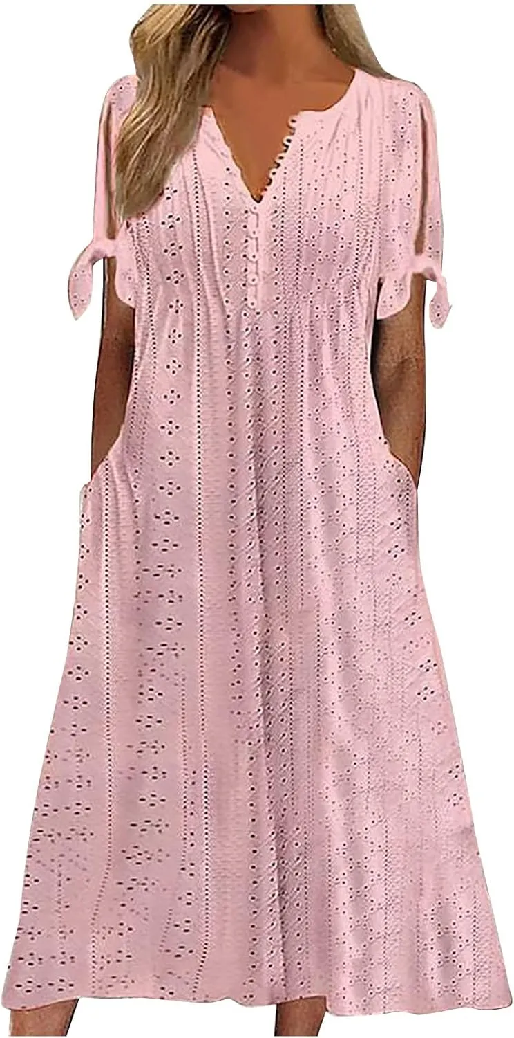FZYLQY Summer Dresses for Womens 2024 Fashion Hollow Out Sundress Short Sleeve V Neck Dress Button Ruffle Flowy A-Line Dress