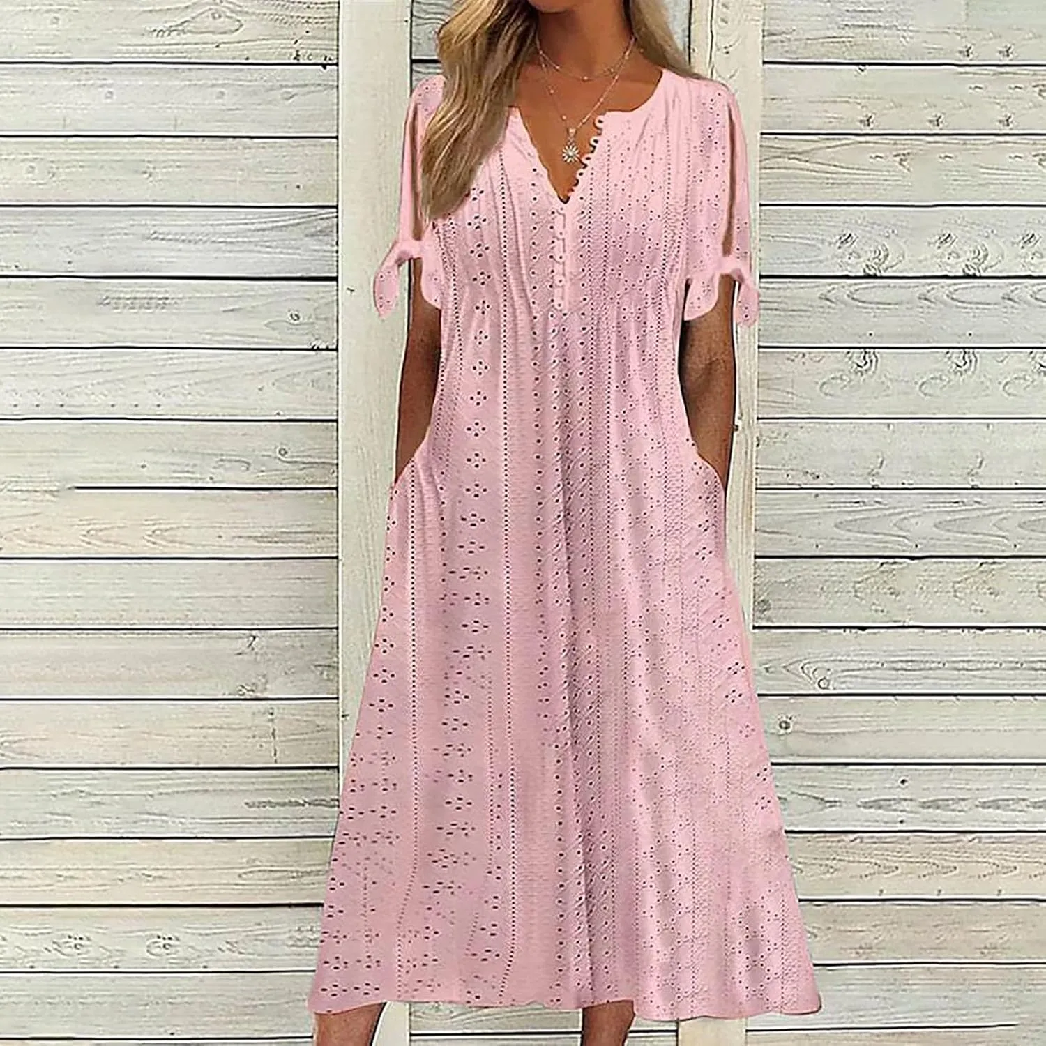 FZYLQY Summer Dresses for Womens 2024 Fashion Hollow Out Sundress Short Sleeve V Neck Dress Button Ruffle Flowy A-Line Dress