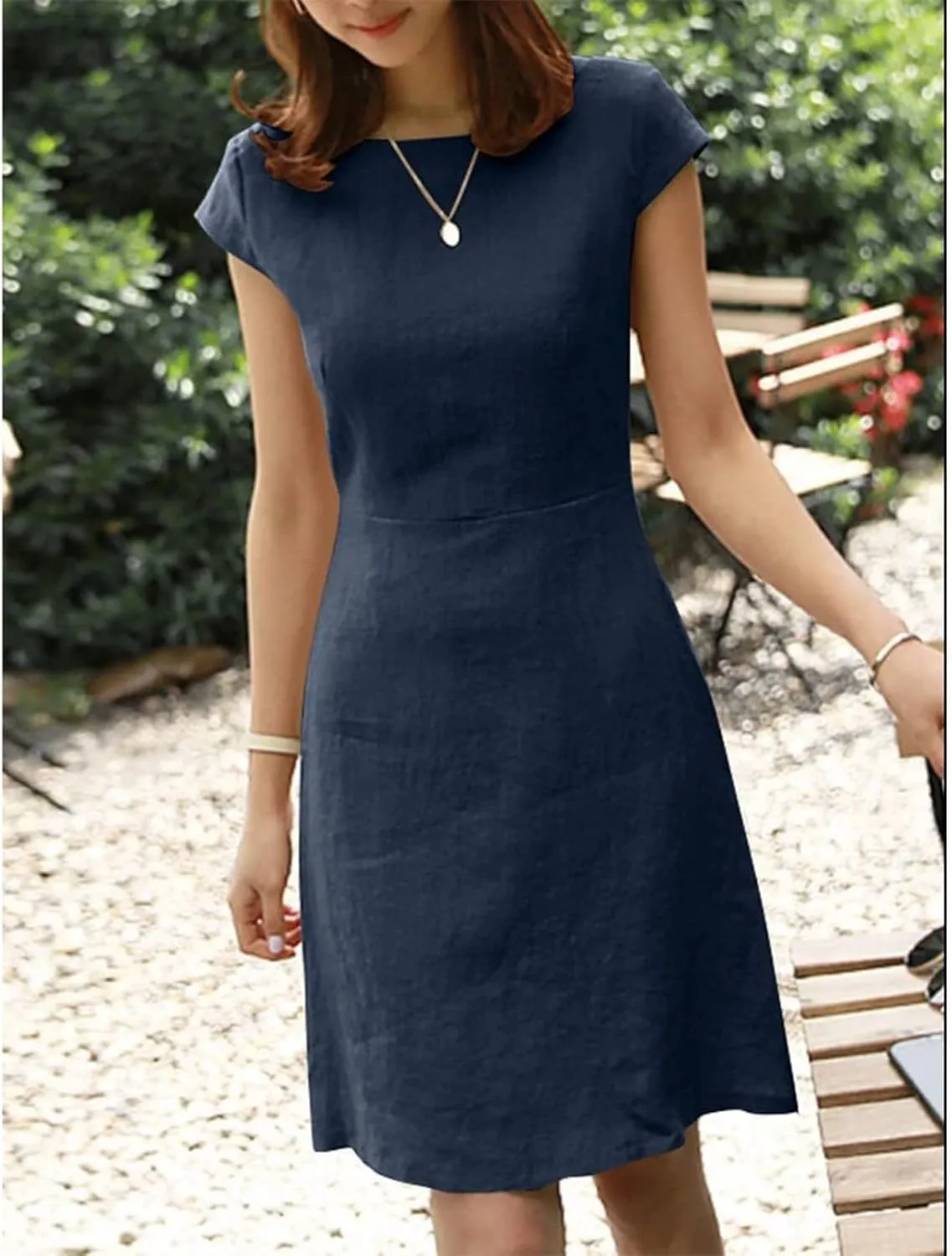 FZYLQY Women Summer Dresses 2024 Casual Back Zipper Cotton Linen Beach Vacation Knee Length Boat Neck Cap Sleeve Short Dress
