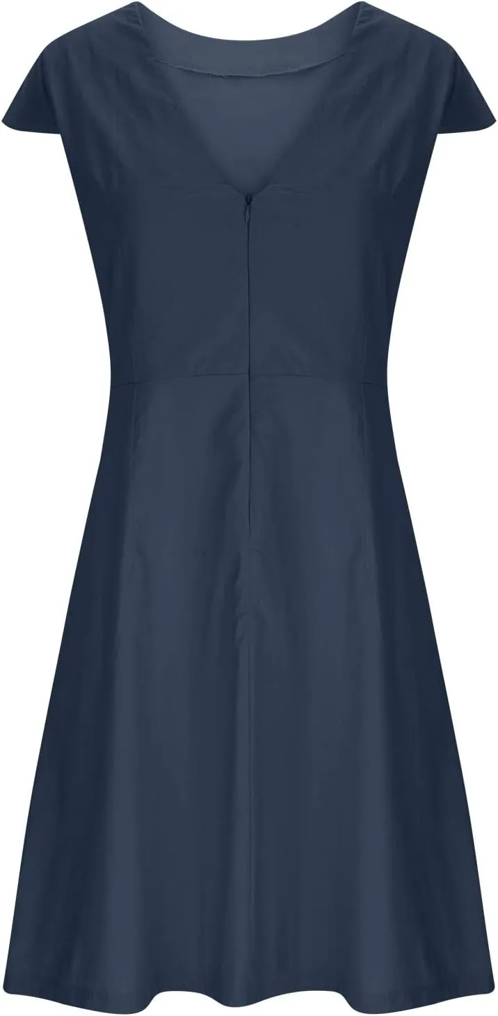 FZYLQY Women Summer Dresses 2024 Casual Back Zipper Cotton Linen Beach Vacation Knee Length Boat Neck Cap Sleeve Short Dress