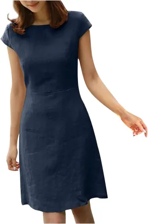 FZYLQY Women Summer Dresses 2024 Casual Back Zipper Cotton Linen Beach Vacation Knee Length Boat Neck Cap Sleeve Short Dress