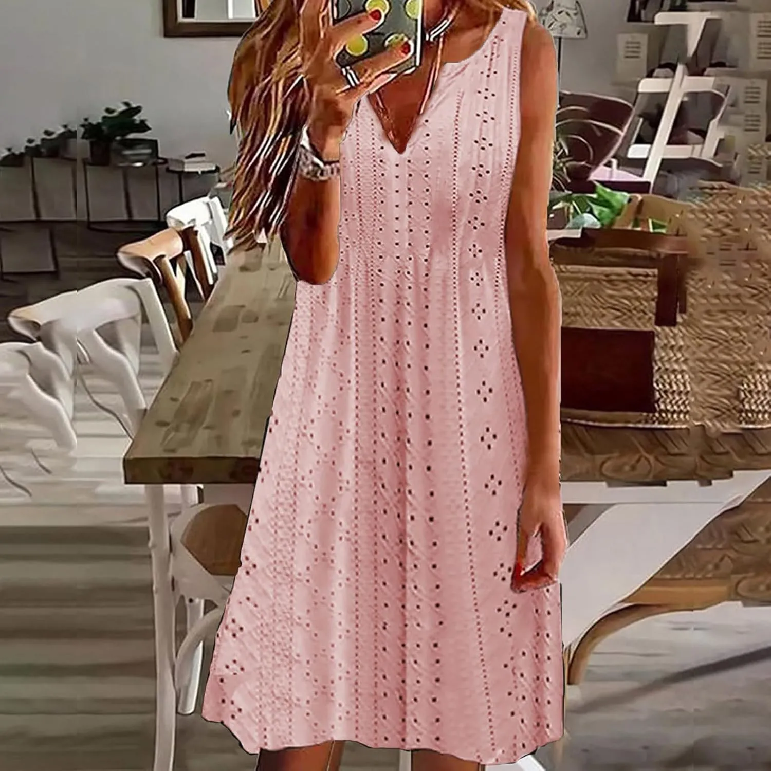 FZYLQY Women V Neck Eyelet Dresses Summer Casual Sundress Solid Sleeveless Knee Length Dress 2024 Casual Tank Tunic Sun Dress