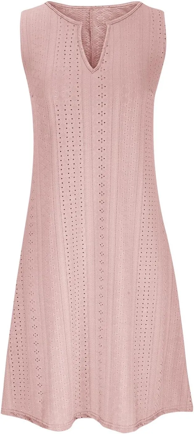 FZYLQY Women V Neck Eyelet Dresses Summer Casual Sundress Solid Sleeveless Knee Length Dress 2024 Casual Tank Tunic Sun Dress