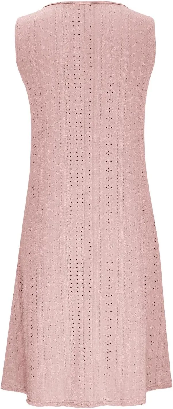 FZYLQY Women V Neck Eyelet Dresses Summer Casual Sundress Solid Sleeveless Knee Length Dress 2024 Casual Tank Tunic Sun Dress