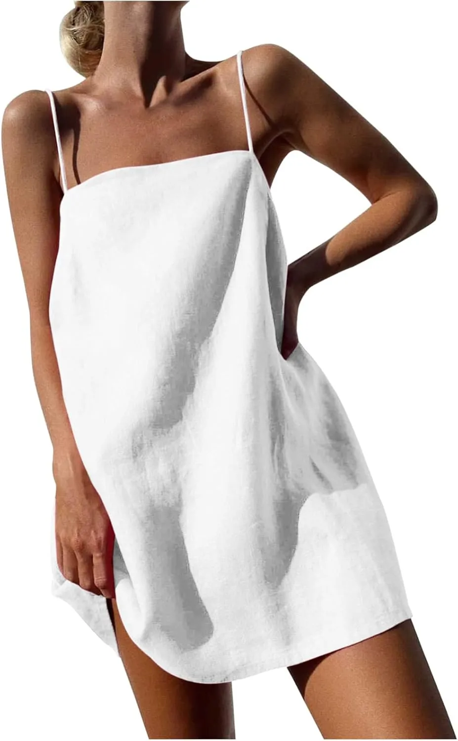 FZYLQY Womens Linen Spaghetti Strap Sleeveless Summer Mini Dresses Cute A-Line Back Zip Short Cami Dress Beach Party Sundress